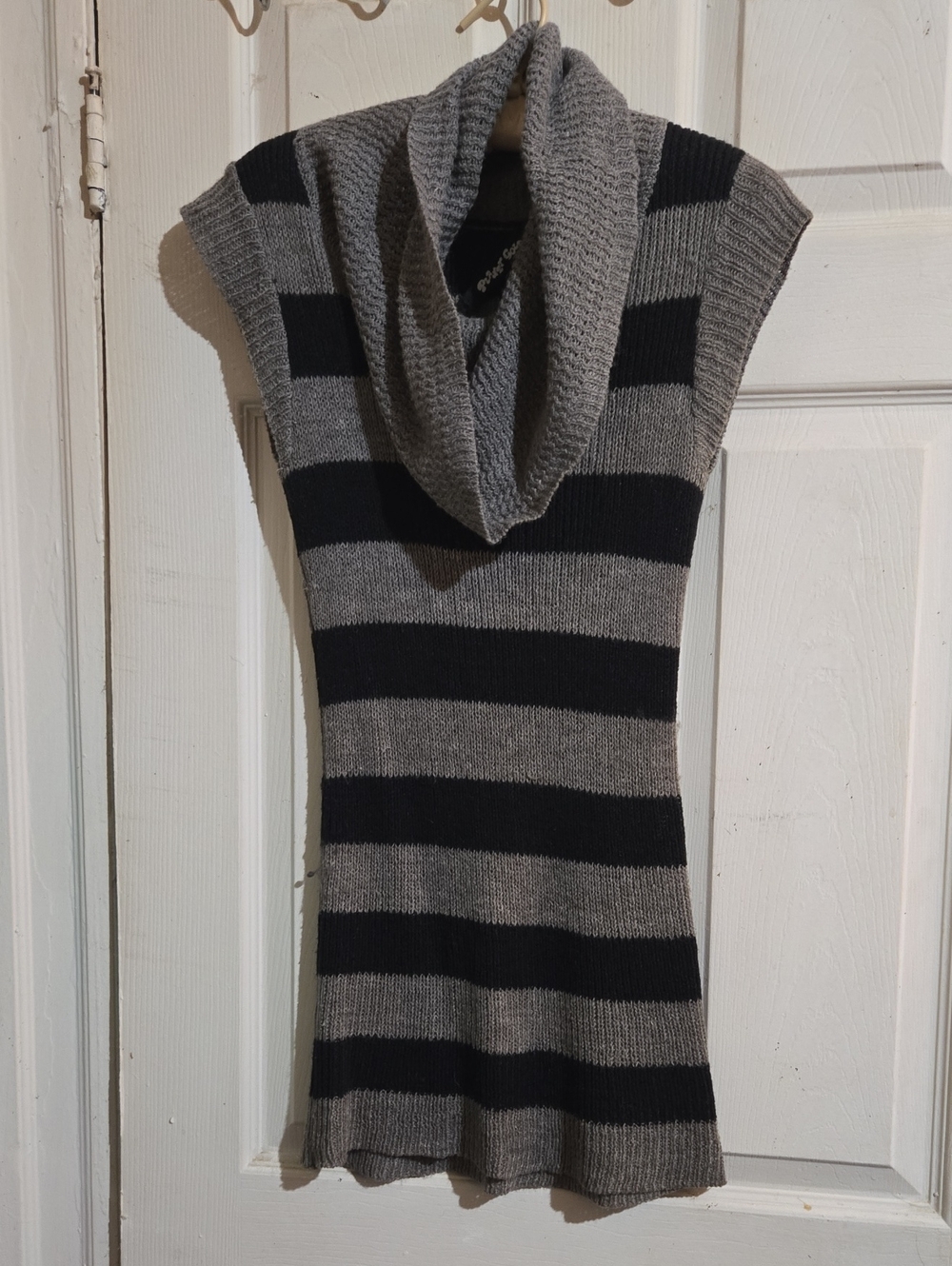 Planet Gold Gray and Black Striped Sleeveless Cowl Neck Sweater